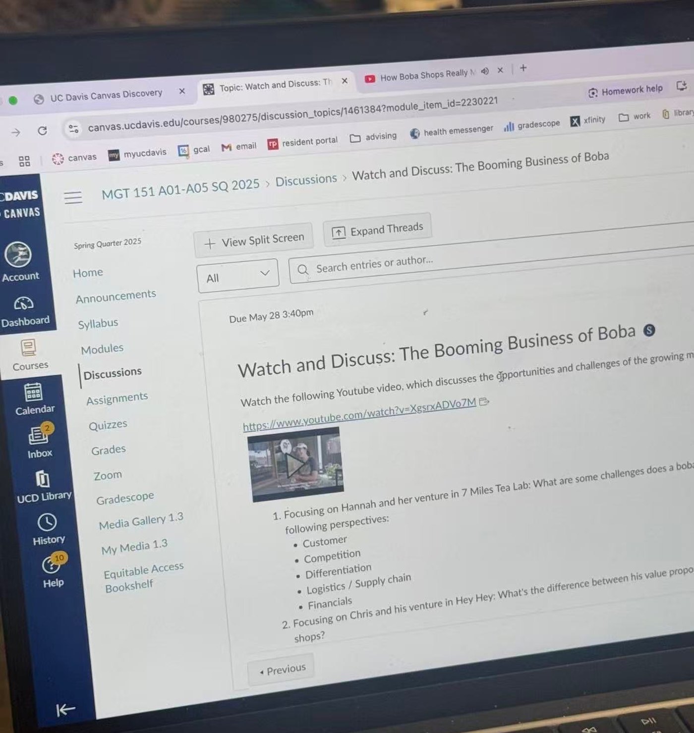 A Modern MBA episode set as a graded discussion assignment in UC Davis Canvas